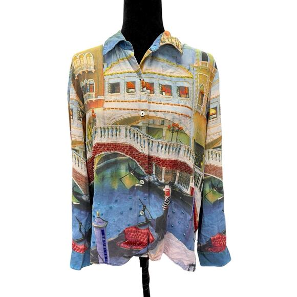 Nicole Taylor Venice Scenic Beaded Silk Shirt Large Gondola Italy Print - Picture 2 of 9